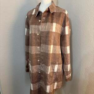 Well Worn Camel and Cream Plaid Shacket Button Down Longline Jacket